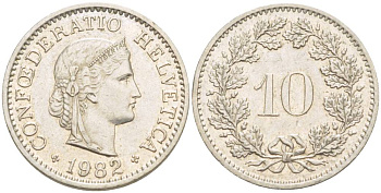 Швейцария 10 раппенов 1982 KM 27 медно-никель 4529-716