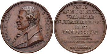 ФРАНЦИЯ МЕДАЛЬ 1823 АБРААМ ГОТЛОБ ВЕРНЕР (1749-1817) НЕМЕЦКИЙ ГЕОЛОГ, СОЗДАТЕЛЬ ДИАГНОСТИЧЕСКОЙ МИНЕРАЛОГИИ, ДИАМЕТР 41 ММ. бронза 1088-1-63
