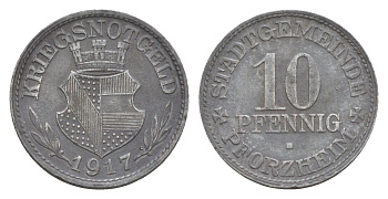 Пфорцгейм 10 пфеннигов 1917 Funck 423.1, Men05 20430.1, Men18 25604.1 цинк 4643-962