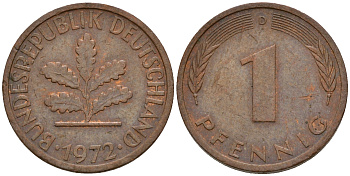 ФРГ 1 пфенниг 1972 D KM 105, J. 380 сталь плакированная медью    4598-522