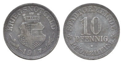 Пфорцгейм 10 пфеннигов 1917 Funck 423.1, Men05 20430.1, Men18 25604.1 цинк 4643-962