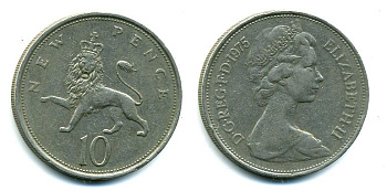 Великобритания 10 пенсов 1975 Елизавета II (1952-2022) KM 912, Spink 4231 (F1) медно-никель 57-157