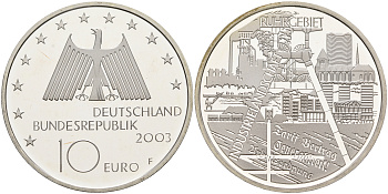 ФРГ 10 евро 2003 F, Рурский бассейн, промышленная зона KM 224, DE.S. 10.10 серебро PROOF 1076-3-34