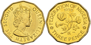 Нигерия 3 пенса 1959 Елизавета II (1952-), Британский протекторат KM 3 никель латунь PROOF 3711-241