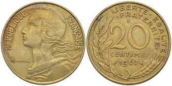 ФРАНЦИЯ 20 САНТИМОВ 1967 ТИП MARIANNE KM 930, LE FRANC 156.7 медь алюминий никель 175-832