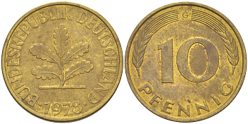 ФРГ 10 пфеннигов 1978 G KM 108, J. 383 сталь плакированная латунью 61-1111