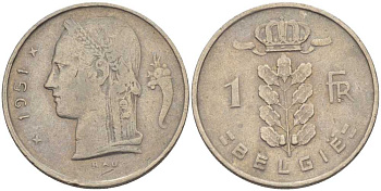БЕЛЬГИЯ 1 ФРАНК 1951 BELGIE, БОДУЭН I (1951-1993) KM 143.1 медно-никель 202-944