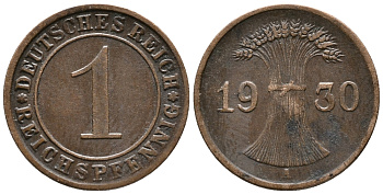 ГЕРМАНИЯ 1 РЕЙХСПФЕННИГ 1930 A KM 37, J. 313 бронза 39-1049