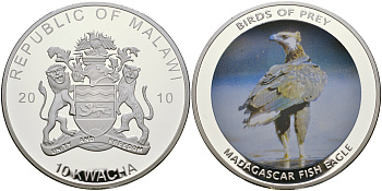 Малави 10 квача 2010 хищные птицы, мадагаскарский рыбный орел, цветная эмаль, диаметр 50 мм PROOF 05-089-32