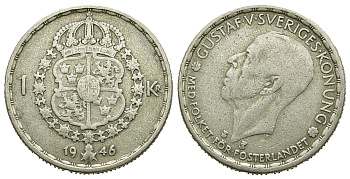 Швеция 1 крона 1946 TS, Густав V (1907-1950) KM 814 серебро 4385-515