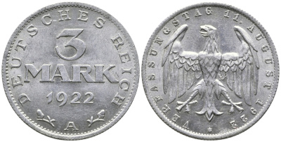 Германия 3 марки 1922 А, третья годовщина Веймарской Конституции KM 29, J. 303 алюминий 38-243