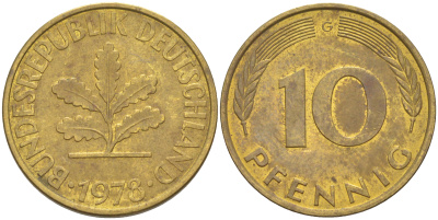 ФРГ 10 пфеннигов 1978 G KM 108, J. 383 сталь плакированная латунью 61-1111