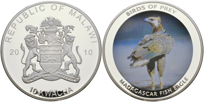 Малави 10 квача 2010 хищные птицы, мадагаскарский рыбный орел, цветная эмаль, диаметр 50 мм PROOF 05-089-32