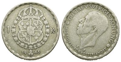 Швеция 1 крона 1946 TS, Густав V (1907-1950) KM 814 серебро 4385-515
