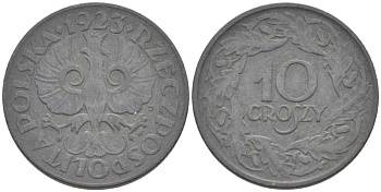 ПОЛЬША 10 ГРОШЕЙ 1923 w. ГЕРМАНСКАЯ ОККУПАЦИЯ, ВТОРАЯ МИРОВАЯ ВОЙНА KM 36 цинк 5010-1313