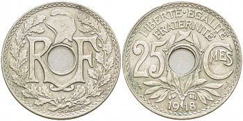 ФРАНЦИЯ 25 САНТИМОВ 1918 KM 867а медно-никель 4402-1213