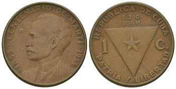 Куба 1 сентаво 1953 100 лет со дня рождения Хосе Марти KM 26, JMA 7, Y 20, Schoen 24 латунь 4611-1215