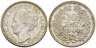 Нидерланды 10 центов 1944 Вильгельмина (1890-1948) KM 163 серебро aUNC 4392-1016
