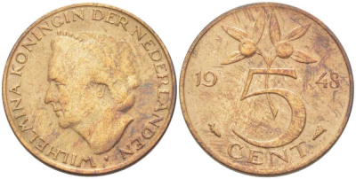 НИДЕРЛАНДЫ 5 ЦЕНТОВ 1948 ВИЛЬГЕЛЬМИНА (1890-1948) KM 176 бронза 212-1031