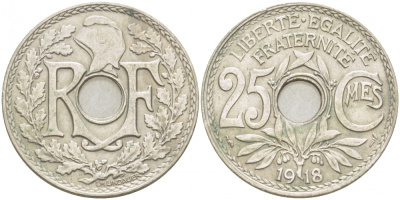 ФРАНЦИЯ 25 САНТИМОВ 1918 KM 867а медно-никель 4402-1213