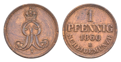 Ганновер 1 пфенниг 1860 B, Георг V (1851-1866) KM 233, AKS 156, J. 90 медь    4658-1061