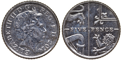 Великобритания 5 пенсов 2014 Елизавета II (1952-2022) KM 1109d, Spink 4671 (D7) медно-никель 4124-715