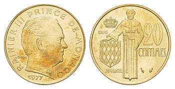 Монако 20 сантимов 1977 Ренье III (1949-2005) KM 143 медь алюминий никель UNC 4646-1154