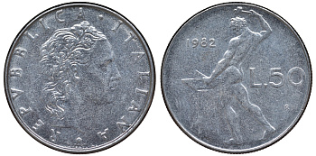 Италия 50 лир 1982 R, бог Вулкан у наковальни KM 95.1 нержавеющая сталь 4142-1153