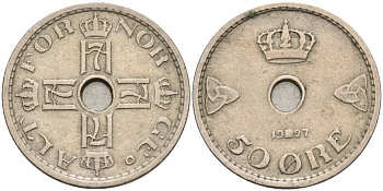 Норвегия 50 эре 1927 Хокон VII (1905-1957) KM 386 медно-никель 4591-941