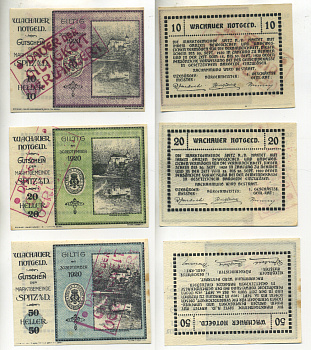 АВСТРИЯ, ВАЧАУ НАБОР ИЗ 3 БАНКНОТ 1920 30 СЕНТЯБРЯ 1920, НОТГЕЛЬД, 10, 20, 50 ГЕЛЛЕРОВ, GILTIG, ПЕРВЫЙ ВЫПУСК, КРАСНАЯ ПЕЧАТЬ ПОГАШЕНО, НЕДЕЙСТВИТЕЛЕН бумага aUNC 70-19-2