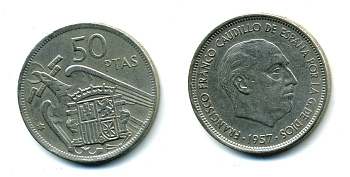 Испания 50 песет 1957 (71) Франциско Франко (1939-1975) KM 788 медно-никель 41-1156