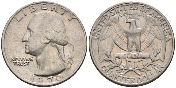 США 25 центов (квотер) 1970 Вашингтон KM 164a медь плакированная медно-никелем 4584-953