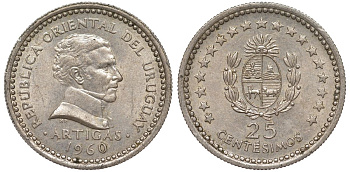 Уругвай 25 сентесимо 1960 KM 40 медно-никель 4580-1218