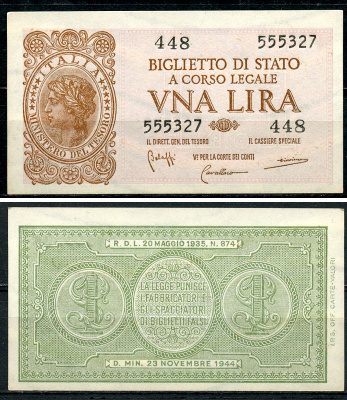 Италия 1 лира 1944 подписи Bolaffi, Cavallaro, Giovinco Pick 29 b, Grapanzano BS 8  бумага  aUNC 8614-12-2-1