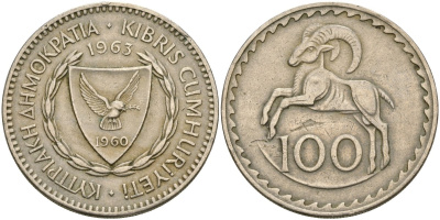 Кипр 100 милсов 1963 европейский муфлон KM 42 медно-никель 4120-1216