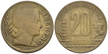 Аргентина 20 сентаво 1948 голова свободы вправо KM 42, CJ 202, Schon 45 алюминиевая бронза    60-924