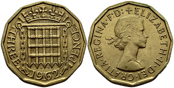 Великобритания 3 пенса 1962 Елизавета II (1952-2022) KM 900, Spink 4153 никель латунь 4393-1144