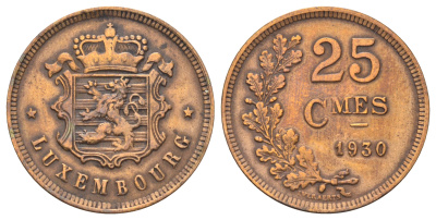 Люксембург 25 сантимов 1930 год-тип, Шарлотта (1918-1964) KM 42 бронза 4646-1147