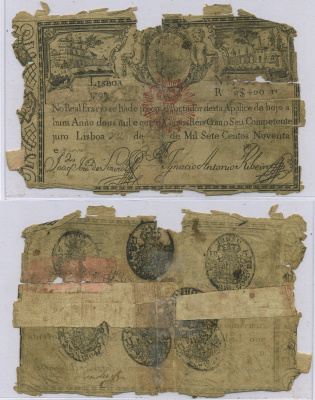 Португалия 2400 рейс 1828 с печатью Мигеля I, подтверждающий стоимость на выпуске 1798 (ревалидационный выпуск 1828 года периода войны "двух братьев") Pick 34  бумага   451-168-2