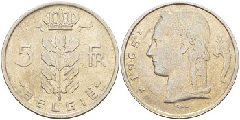БЕЛЬГИЯ 5 ФРАНКОВ 1965 BELGIE, БОДУЭН I (1951-1993) KM 135.1 медно-никель 213-417