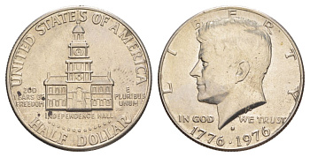 США 1/2 доллара (50 центов) 1976 D, 200 лет независимости, Джон Кеннеди KM 205 медь плакированная медно-никелем aUNC 4545-1115
