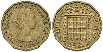 Великобритания 3 пенса 1963 Елизавета II (1952-2022) KM 900, Spink 4153 никель латунь 4114-213