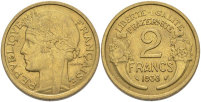 ФРАНЦИЯ 2 ФРАНКА 1938 ТИП MORLON KM 886, LE FRANC 268.11 алюминиевая бронза 3855-123
