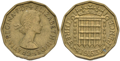 Великобритания 3 пенса 1963 Елизавета II (1952-2022) KM 900, Spink 4153 никель латунь 4114-213