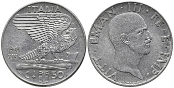 ИТАЛИЯ 50 ЧЕНТЕЗИМО 1941 R, РИФЛЕНЫЙ ГУРТ, МАГНИТНАЯ, ГОД XIX KM 76b сталь 34-1235