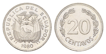 Эквадор 20 сентаво 1980 KM 77.2a сталь плакированная никелем UNC 4674-833