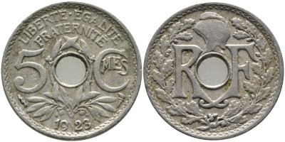 ФРАНЦИЯ 5 САНТИМОВ 1923 tb, ТИП ЛИНДАЙЁ, МОНЕТНЫЙ ДВОР ПУАССИ, МОЛНИЯ KM 875, LE FRANC 122.7 медно-никель 08-1461