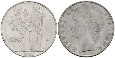 Италия 100 лир 1962 R, Афина у оливкового дерева KM 96.1 нержавеющая сталь 4137-224