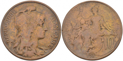 ФРАНЦИЯ 10 САНТИМОВ 1898 ДАНИЭЛЬ ДЮПЮИ KM 843, LA FRANC 136.6 бронза 3457-541