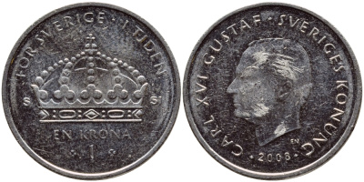 Швеция 1 крона 2008 Карл XVI Густав (1973- ) KM 894 медно-никель 87-214
